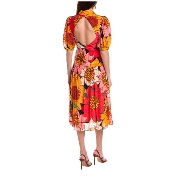 Farm Rio size small pink orange floral midi dress tropical cottage sunflower - Picture 15 of 15
